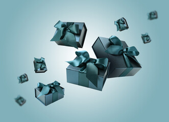 Gift boxes flying in air on pastel blue gradient background