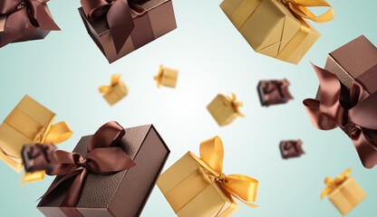 Gift boxes flying in air on turquoise gradient background