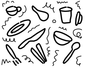 Hand-drawn kitchen utensils pattern in black line art. Includes plate, spoon, fork, knife, cup, and bowl doodles. Perfect for food, cooking, or restaurant-themed designs in modern and minimal style.
