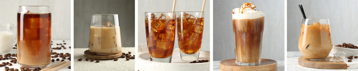 Iced coffee. Drinks in different glasses, set