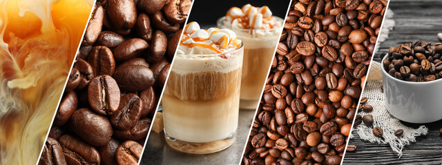 Coffee drinks and roasted beans, collage. Banner design