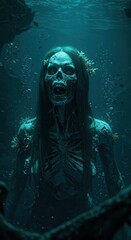 Fototapeta premium Terrifying skeletal figure with long hair emerges from deep dark water