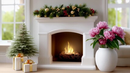 Warm glowing fireplace enhances cozy atmosphere in living room adorned with flowers and holiday decorations. Bright sunny day provides cheerful lighting