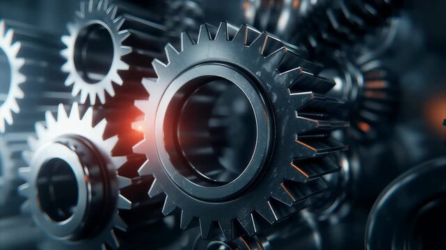 Metallic gears interlocked in detailed arrangement creating striking visual effect. Setting features industrial ambiance with smooth surfaces and reflective elements