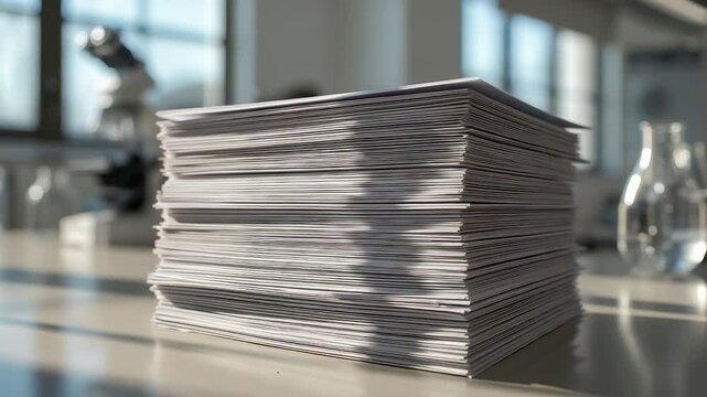 Stack of white papers placed on office desk under natural sunlight in modern workspace showing organization, workload, and documentation