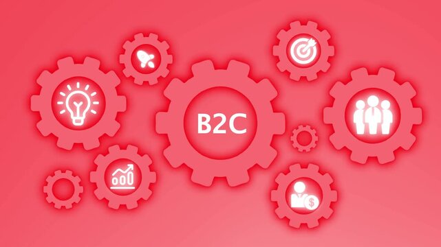 Business to Consumer B2 C concept with interconnected gears and icons on red gradient background cogwheels