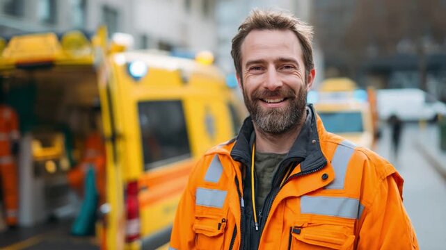 A Portrait of a Smiling Medical Professional: A compassionate medical professional poses with confidence. An ambulance in the background underscores the dedication of the professional.