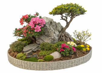 Small garden consists of stone bush and flowers with isolated background