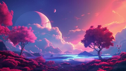 Mystical alien planet landscape with pink trees and luminous river - Powered by Adobe