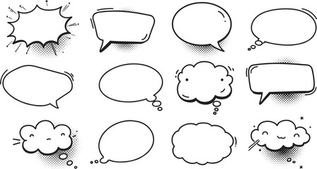 Black and white comic speech and thought bubbles set, retro pop art style vector illustration for dialogue, conversation, storytelling, design templates