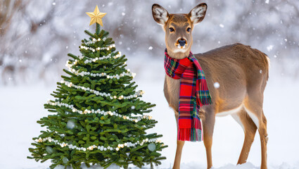 Obraz premium A Deer in a Scarf Stands Beside a Decorated Evergreen Tree in a Snowy Landscape, Evoking the Spirit of Winter and the Beauty of Wildlife in Nature