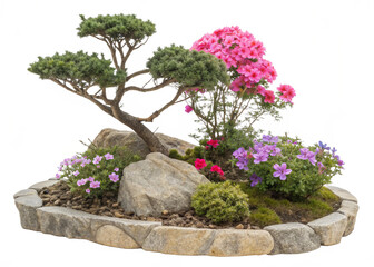 Small garden consists of stone bush and flowers with isolated background 2