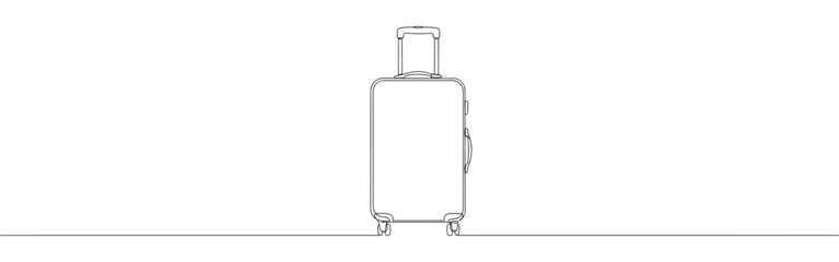 Continuous one line drawing of a modern wheeled suitcase, symbolizing travel, vacation, luggage, and adventure in a simple, minimalist style.