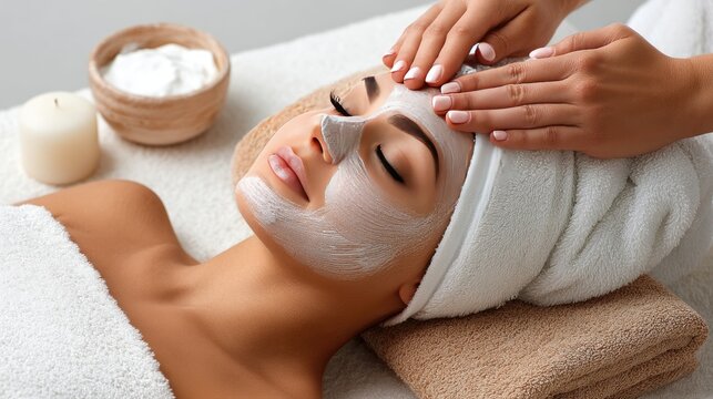 A professional applies a creamy facial mask to a client's face, promoting skincare and relaxation during a spa session