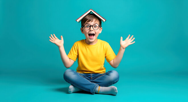 Excited young boy wearing a book on his head with arms raised