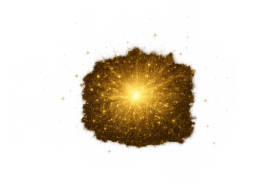 Golden light explosion with glittering sparkles and dust particles forming an abstract cosmic starburst, transparent background