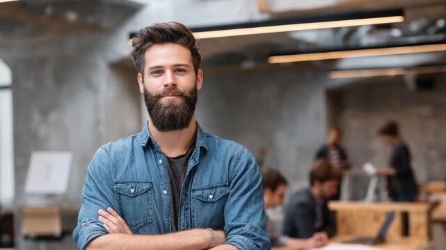 Confident Leader in Modern Office: A distinguished leader, exuding confidence, stands with arms crossed against the backdrop of a vibrant, contemporary office setting.