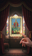 Mystical Tarot Card “The Magician” Floating in Mysterious Light Inside an Enchanted Room
