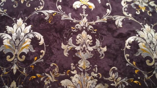 A close-up shot of a dark purple fabric adorned with a floral baroque pattern