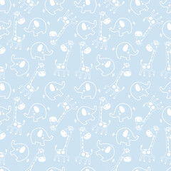 Cute Baby Animal Seamless Pattern with Elephants and Giraffes on Pastel Blue Background