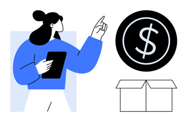 Woman pointing at dollar icon while holding tablet, next to open box. Ideal for financial advice, budgeting, ecommerce, shipping, marketing, investment savings themes. Simple flat metaphor
