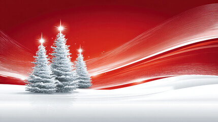 Christmas trees in a snowy landscape with a red background. Three snow-covered Christmas trees stand in a winter scene with a bright red backdrop, ideal for holiday greetings and celebrations.