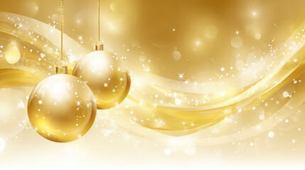 Golden Christmas ornaments with festive background for holiday greetings. Elegant golden Christmas ornaments hang against shimmering, abstract background with sparkling lights, perfect for greetings