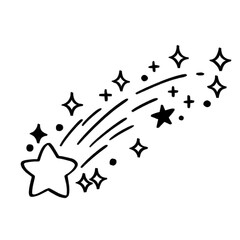 Whimsical black shooting star with sparkles, dots, and trails in playful hand-drawn line art on white background