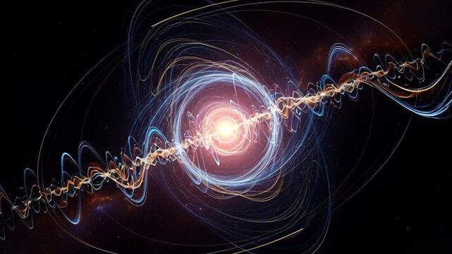 Captivating cosmic energy vortex with swirling light trails and a radiant luminous core, representing power, data, and scientific exploration in a dynamic visual sequence