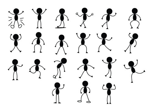Diverse stick figure characters in various dynamic poses, illustrating movement and action for designs