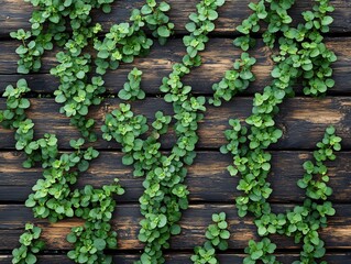 Green ivy vines growing on a rustic wooden wall background