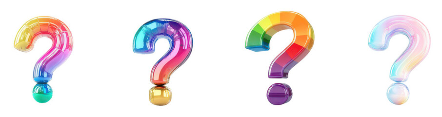 Naklejka premium Rainbow Question Marks: A collection of vibrant, multi-colored question marks, each radiating a unique blend of hues, symbolizing curiosity, and exploration.