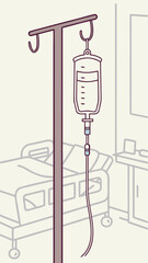Intravenous fluid bag hanging on hospital pole in patient room  