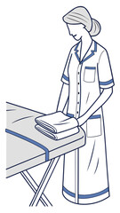 Woman in medical gown folding towels on ironing table  