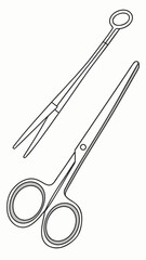 Medical scissors and hemostatic forceps line drawing illustration  
