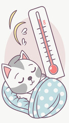 Sleeping kitten resting with thermometer in cozy blanket  