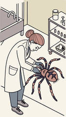 Veterinarian examining tarantula in laboratory setting  