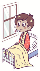 Sick boy sitting in bed with thermometer looking out the window  