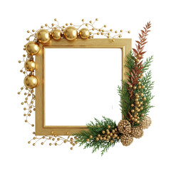 Festive Frame: A stunning golden frame, adorned with shimmering gold baubles, verdant pine needles, and delicate embellishments, embodies holiday cheer. 