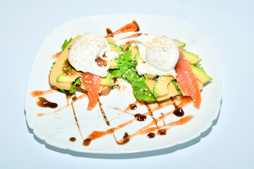 Sandwich with poached eggs and vegetables