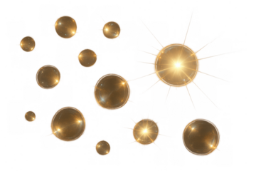 Golden liquid spheres floating, abstract bubbles with light reflections and lens flare on transparent background