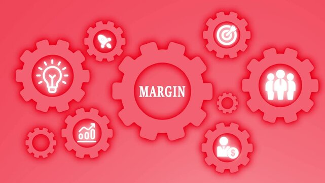Red Gears with Business Icons and the Word MARGIN in the Center margin profit