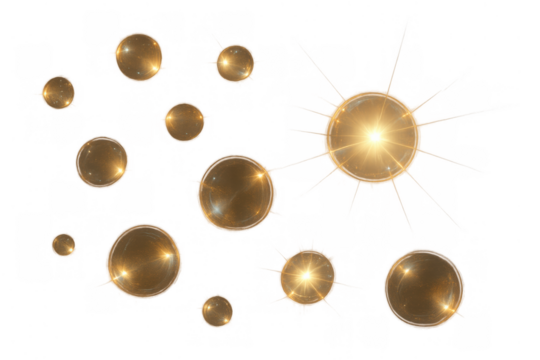 Golden liquid spheres floating, abstract bubbles with light reflections and lens flare on transparent background