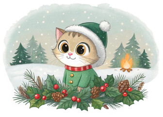 A whimsical watercolor illustration of a cute cat dressed in a Santa hat and green suit, surrounded by holly and pine needles