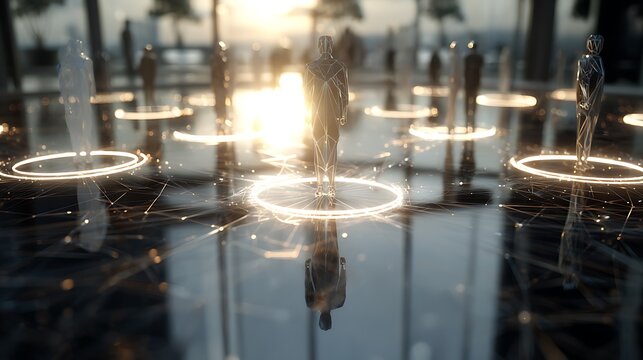 Leadership Influence Micro-Metrics Visualization Mapping Employee Performance Across Teams Floating 3D Holographic Nodes Representing Leaders And Teams, Glowing Interconnections, Cinematic Lighti