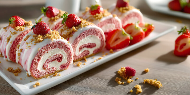 Creative food concept. Row of strawberry shortcake cheesecake swiss roll roll-up cake slices, with fruits, biscuit crumbles on platter plate wooden table with soft sun shadow. copy text space
