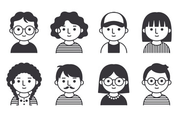 Diverse group of stylized people avatars with varied hairstyles and clothing in a set