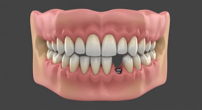 Close up of human dental anatomy showing a missing tooth and gum line with a dark background