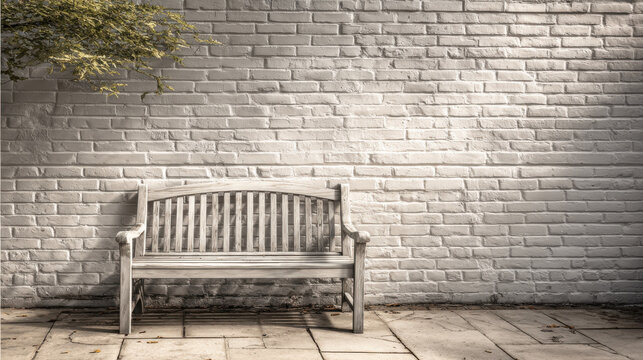 Wooden bench against a white brick wall in a serene outdoor setting. A weathered wooden bench sits in front of a textured white brick wall, with hint of foliage overhead, creating peaceful atmosphere