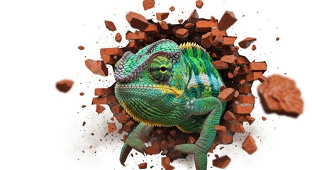 A chameleon busting or breaking through a wall on a solid white background, animal photo